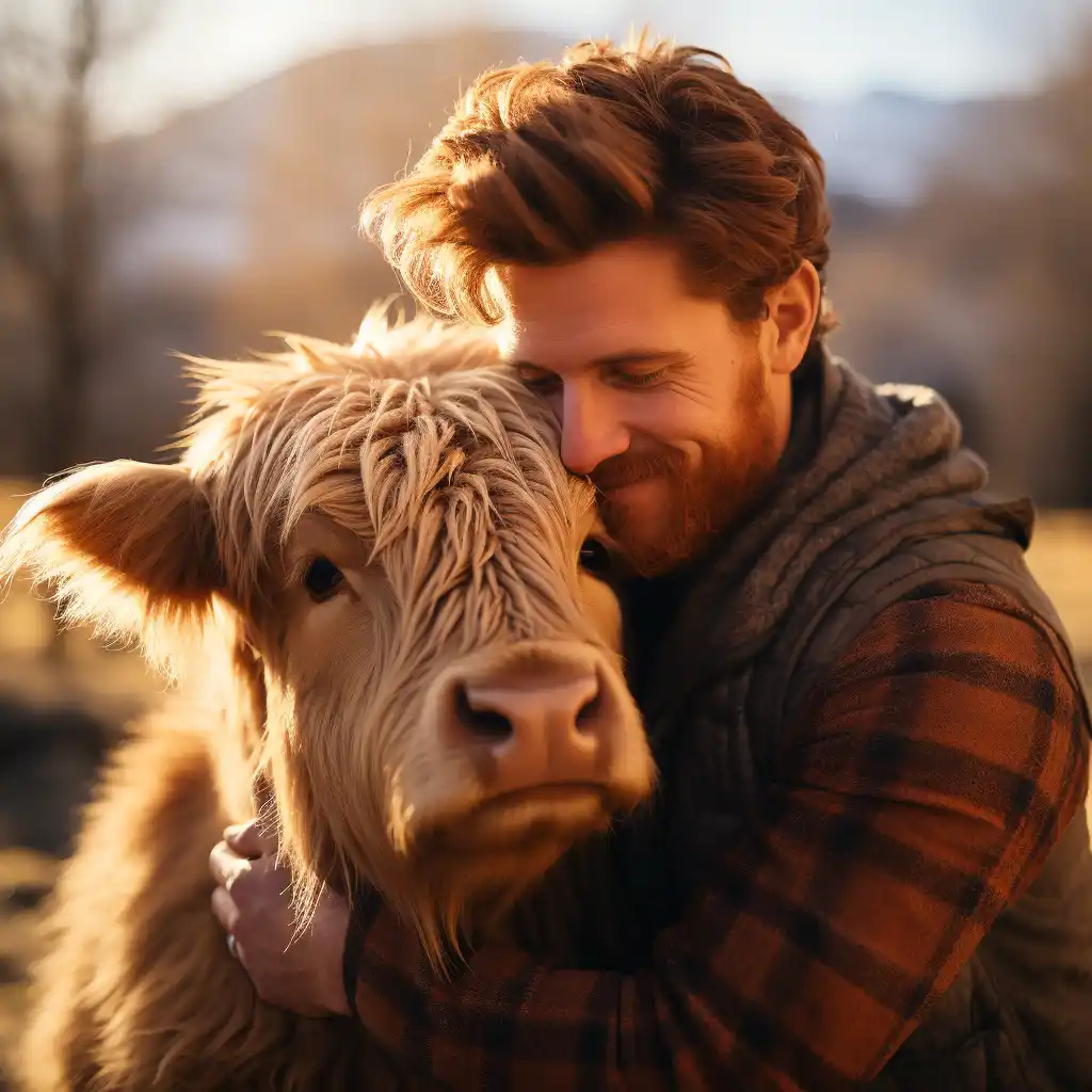 Man hugging a highland cow