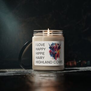 love happy hippie hairy highland cows candle