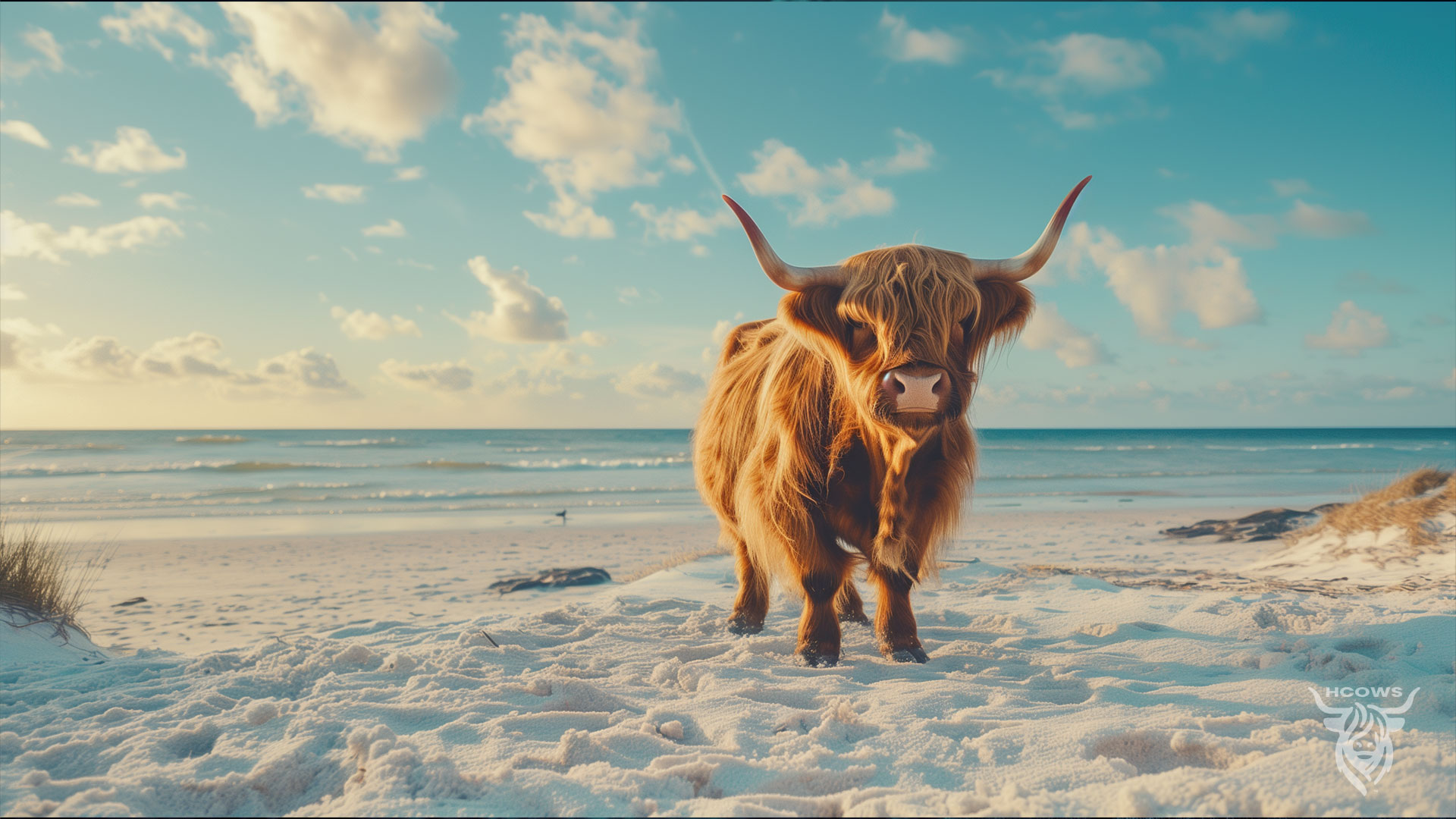 Highland Cow at the beach desktop background wallpaper