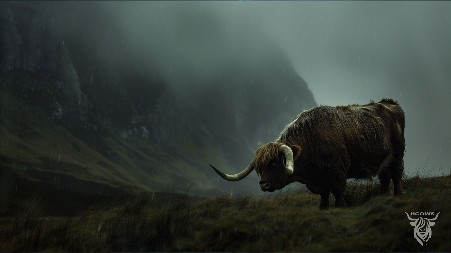 Large highland bull standing in the rain, desktoop wallpaper