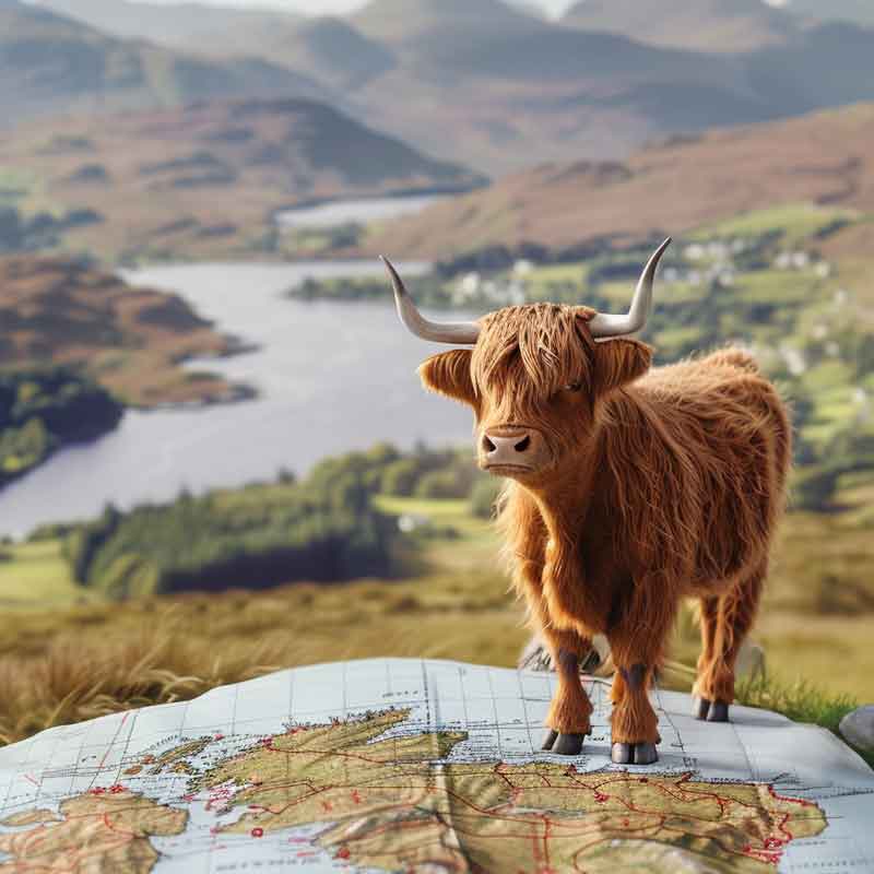 Highland cow with map of Scotland and Scottish background.