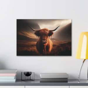 a highland cow standing in a field canvas print