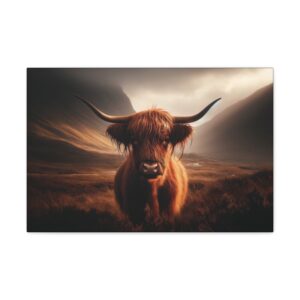 a highland cow standing in a field canvas print