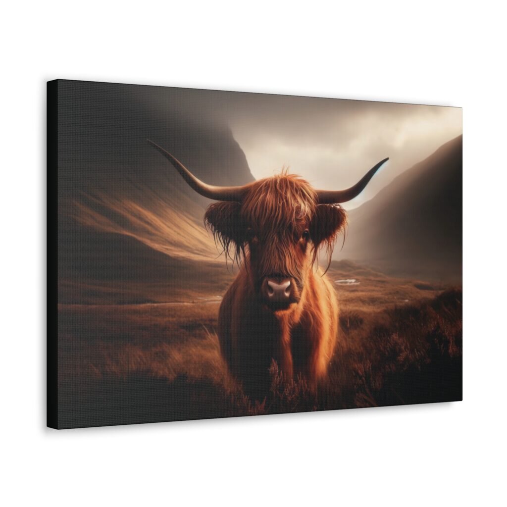 a highland cow standing in a field canvas print