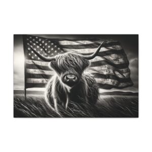 American Patriot Highland Cow Wall Art Canvas Black and White