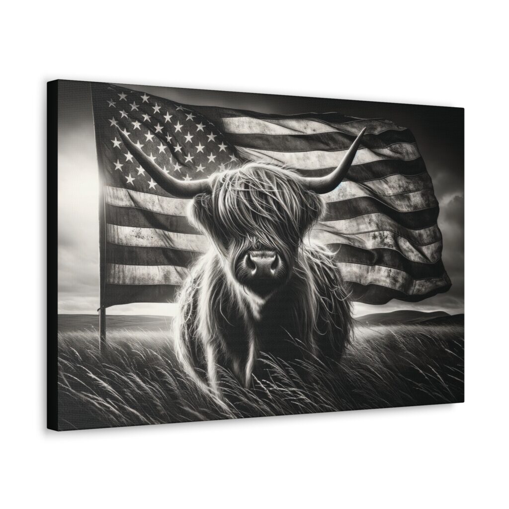 American Patriot Highland Cow Wall Art Canvas Black and White