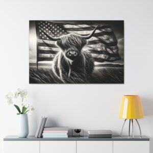 American Patriot Highland Cow Wall Art Canvas Black and White