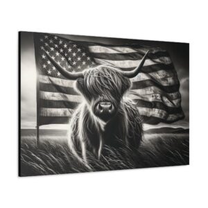 American Patriot Highland Cow Wall Art Canvas Black and White