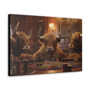 canvas of highland cows playing poker