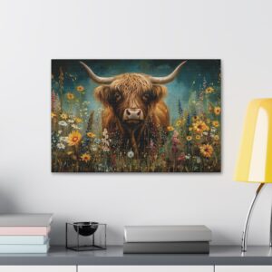 Floral Highland Cow Painting Designer Print Canvas