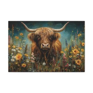 Floral Highland Cow Painting Designer Print Canvas