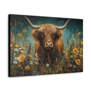 Floral Highland Cow Painting Designer Print Canvas