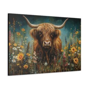 Floral Highland Cow Painting Designer Print Canvas