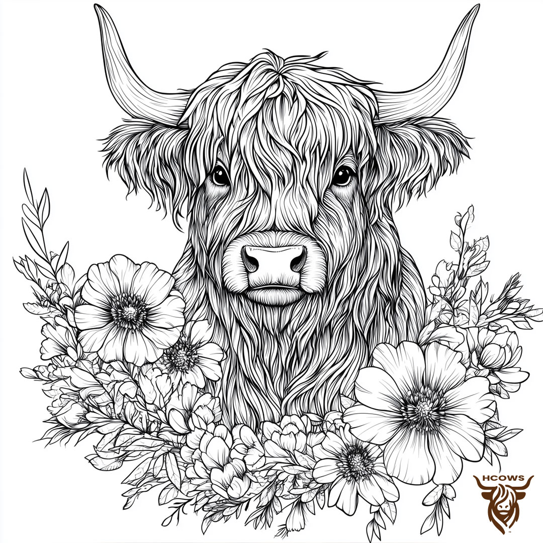 Highland cow coloring page with flowers