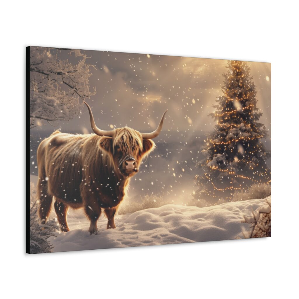 Highland Cow Christmas Snow Canvas Print