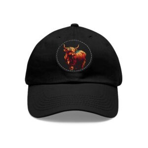 Highland Cow hat in black with colorful highland cow design.