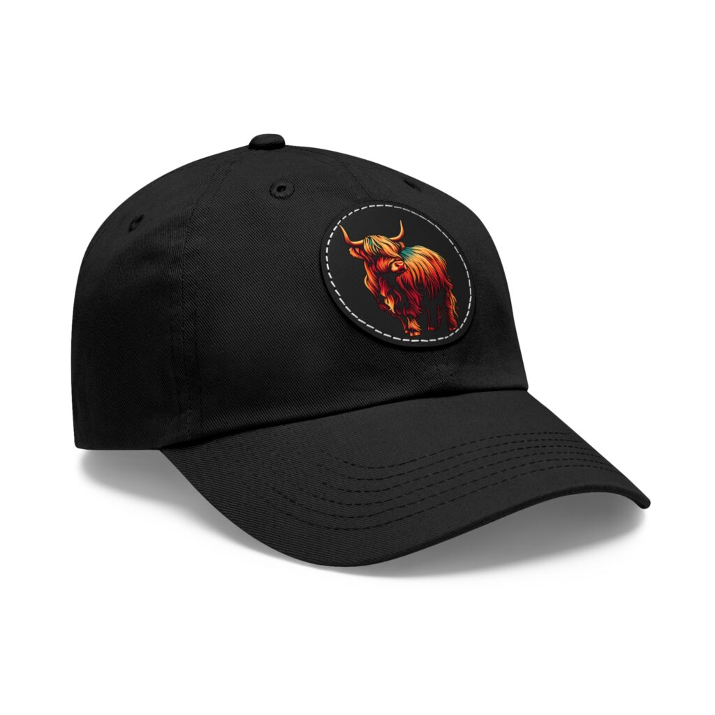 Highland Cow hat in black with colorful highland cow design.