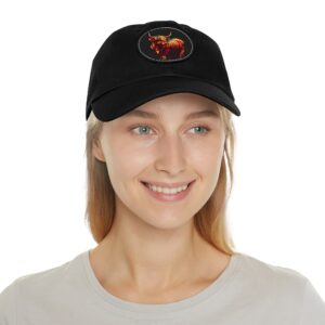 Highland Cow hat in black with colorful highland cow design.