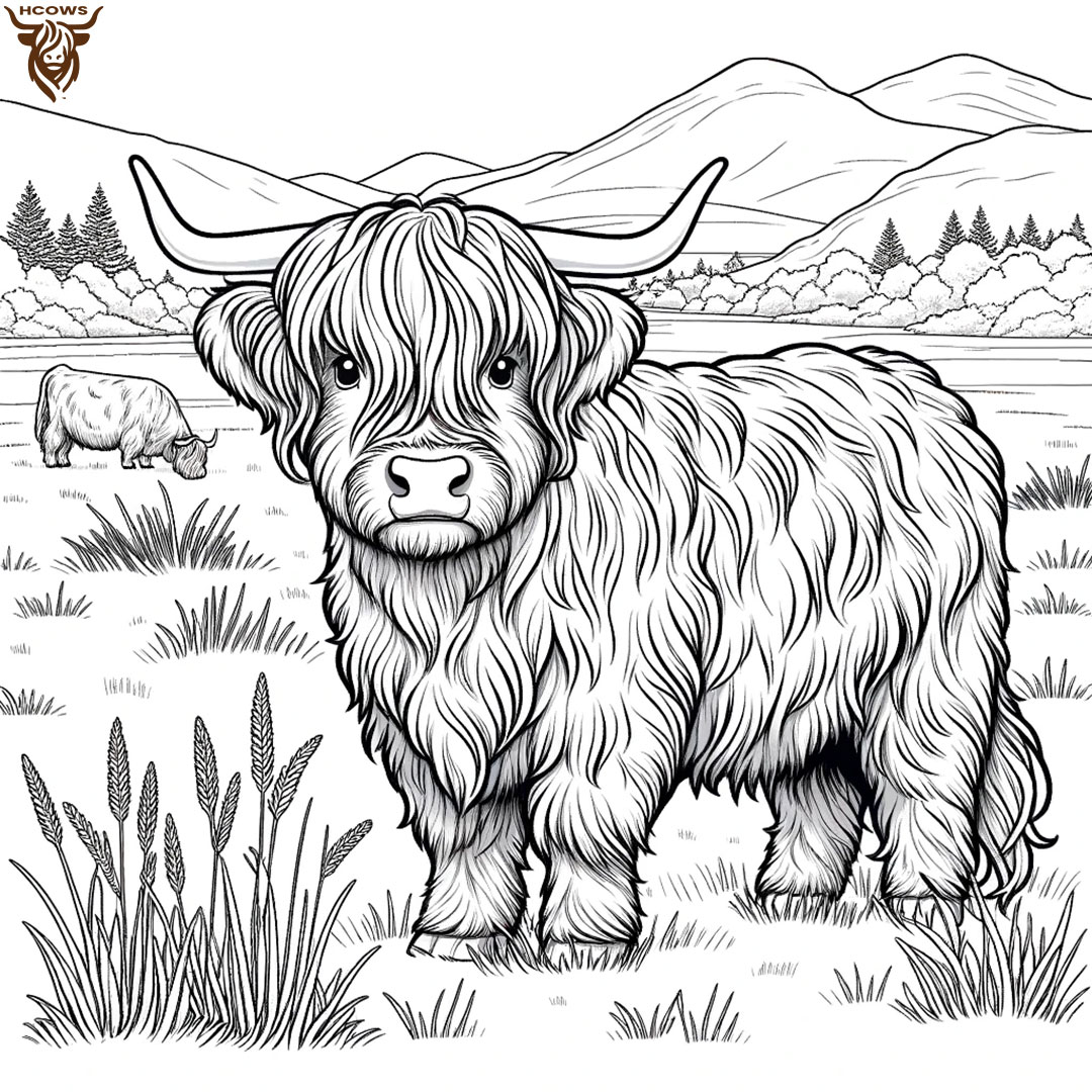 Coloring Page of Highland Cow in Meadow