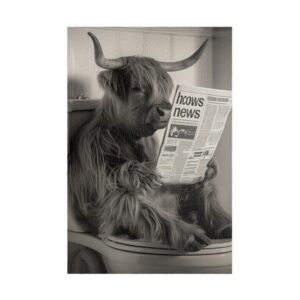 Highland cow sitting on toilet reading news paper puzzle