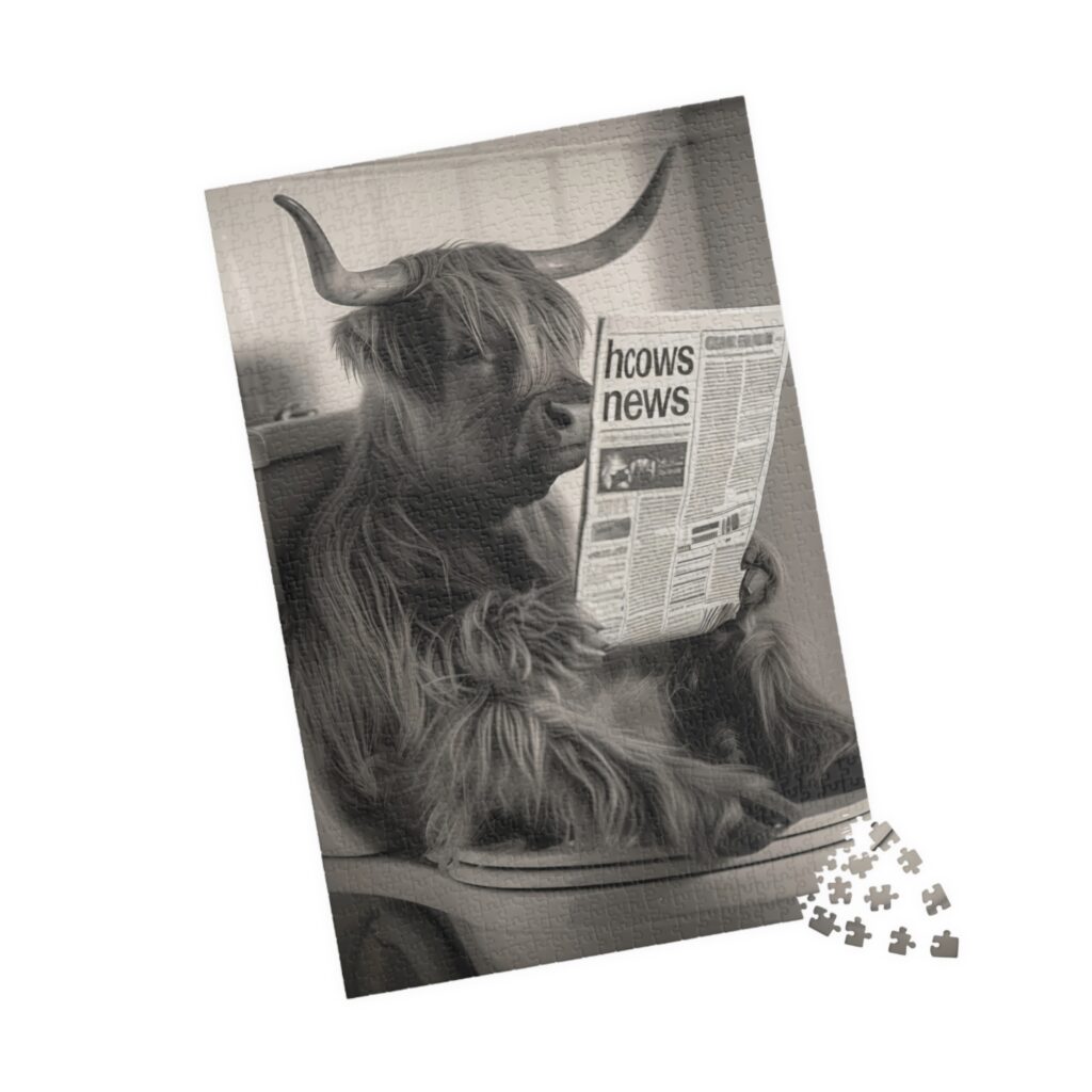 Highland cow sitting on toilet reading news paper puzzle