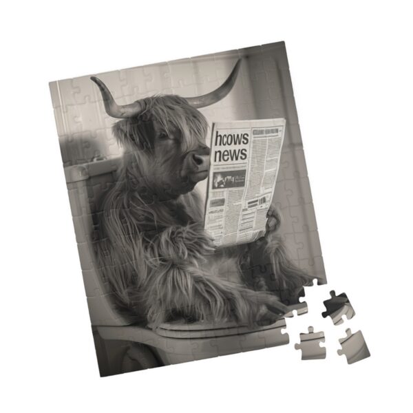 Highland cow sitting on toilet reading news paper puzzle