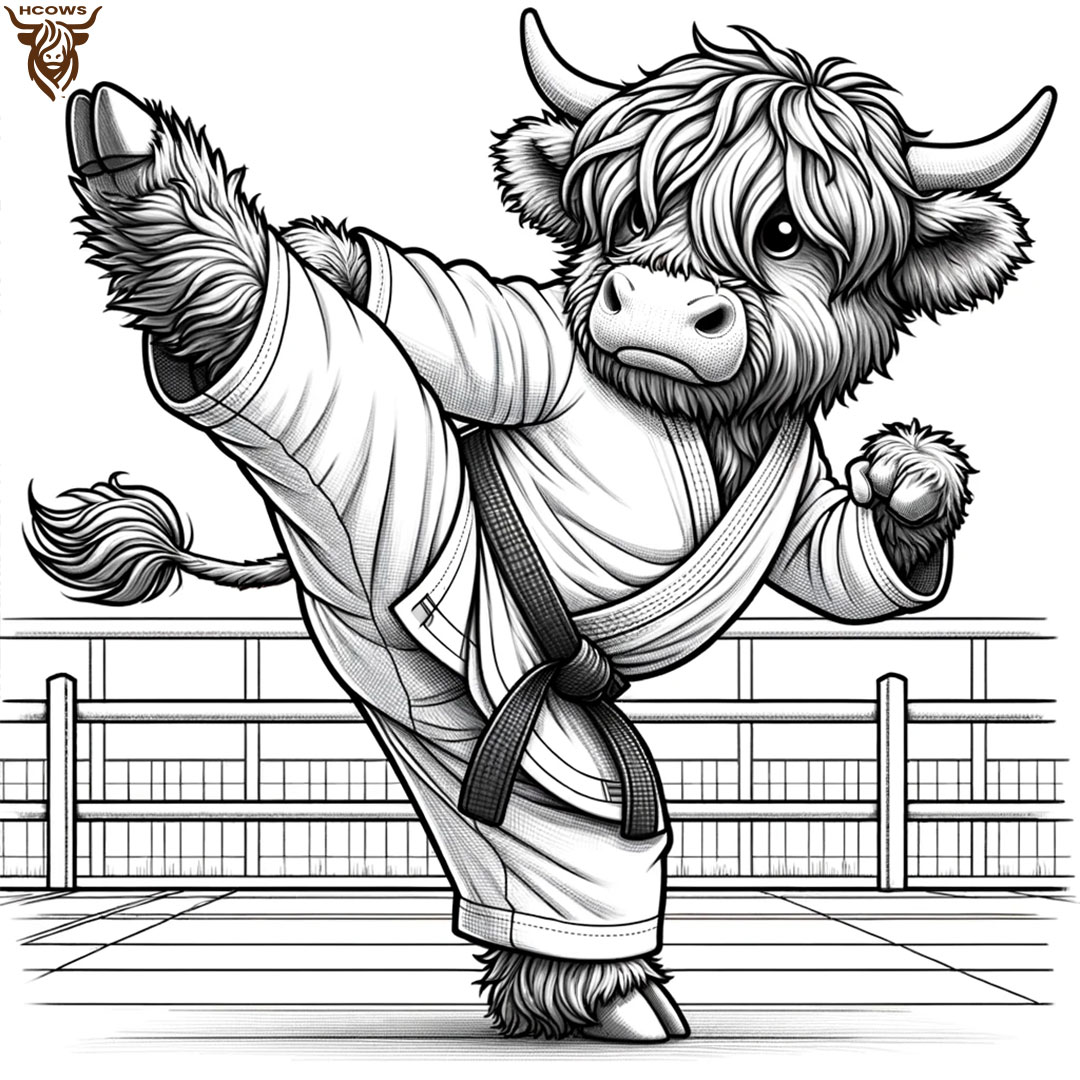 Highland cow doing karate coloring page