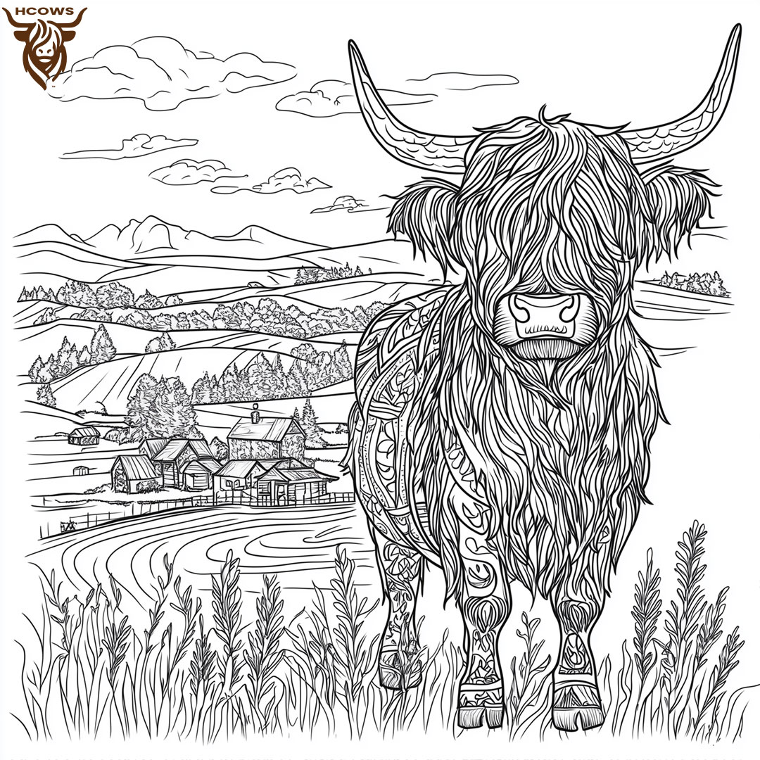 Highland cow on farm coloring page