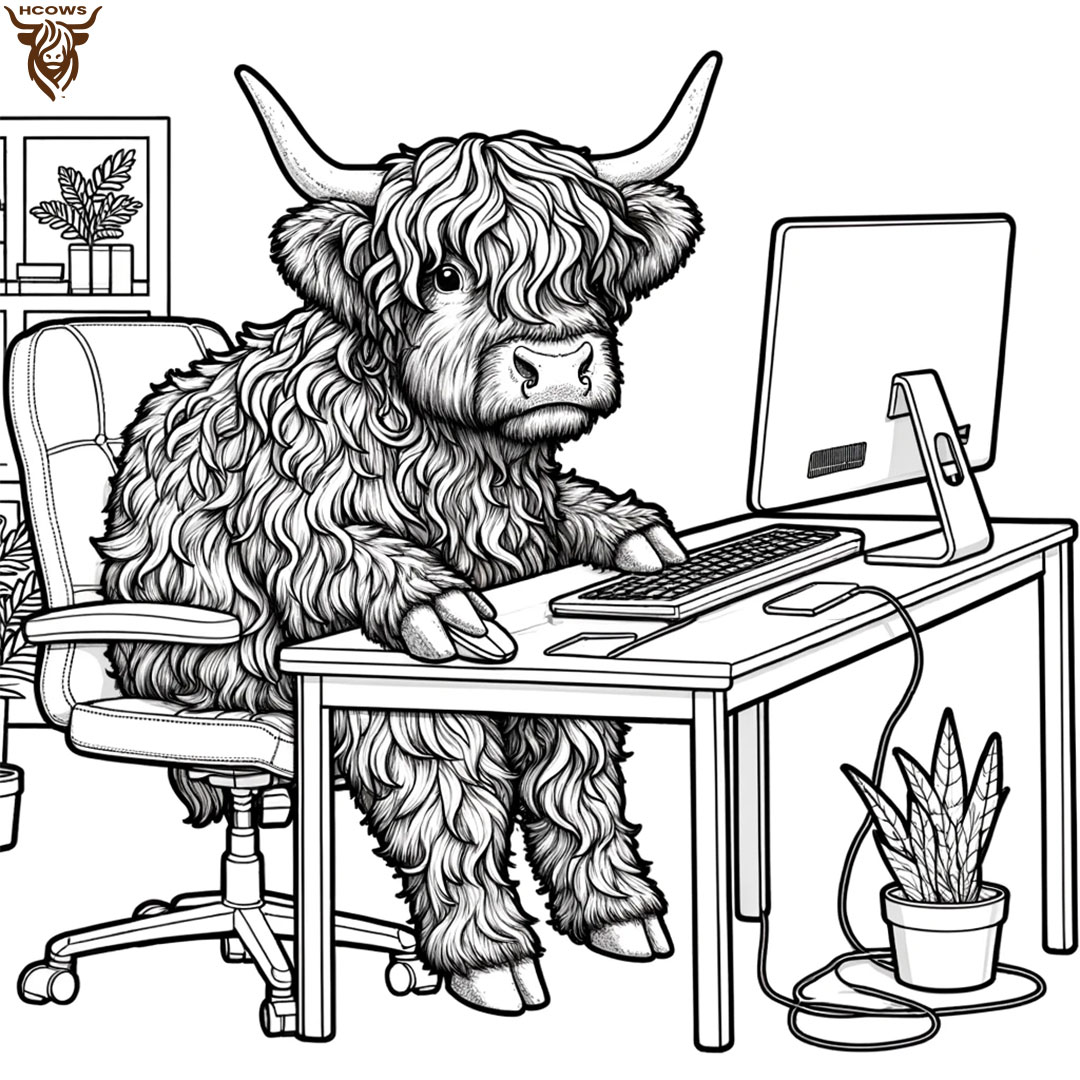 Highland Cow sitting at desk working Coloring Page