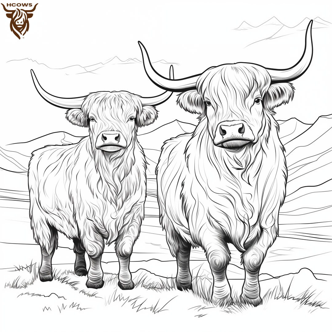 Two highland cows posing, coloring page