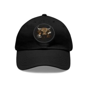 highland cow black hat with brown grunge design front view