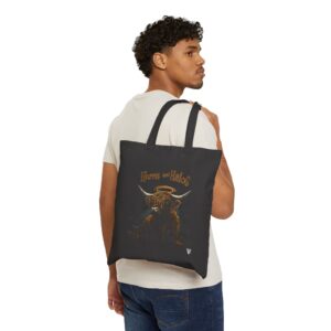 Horns and Halos Highland Cow Canvas Tote Bag