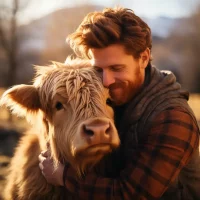 Man hugging a highland cow