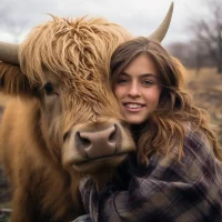 girl hugging a highland cow